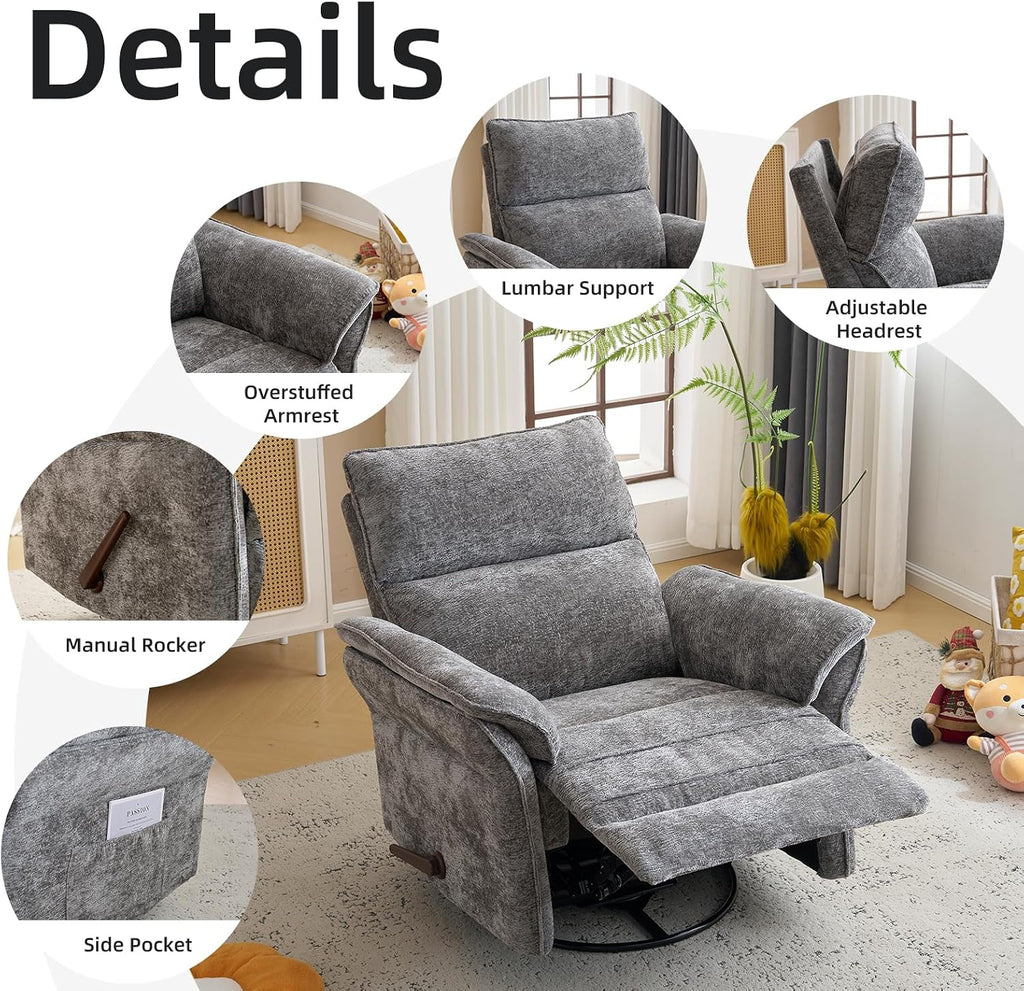 Oversized Glider Rocker Recliner, 26' Extra Wide 360° Swivel Nursery Recliner with Adjustable Headrest, Chenille Rocking Nursery Chair with Overstuffed Armrest, Lumbar Support, Dark Grey