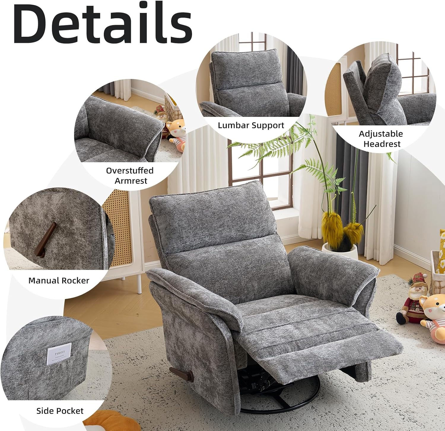 Oversized Glider Rocker Recliner, 26' Extra Wide 360° Swivel Nursery Recliner with Adjustable Headrest, Chenille Rocking Nursery Chair with Overstuffed Armrest, Lumbar Support, Dark Grey