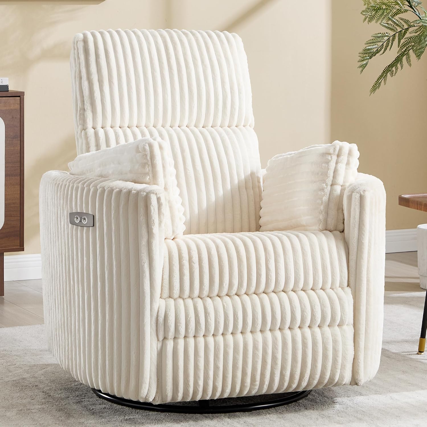 Power Recliner,Nursery Swivel Glider Rocking Chair with USB Port,Upholstered Adult Electric Recliner Rocking Chair with 2 Pillows for Living Room Bedroom (Beige Corduroy, Power-Driven)