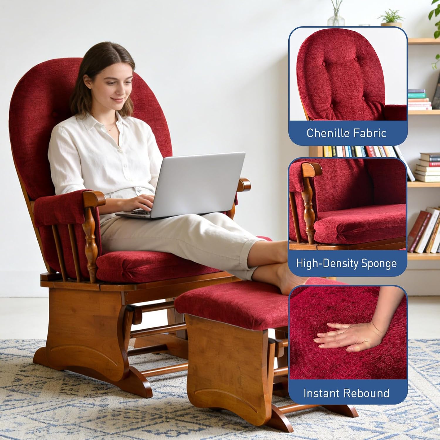Glider Rocking Chair Nursery with Ottoman Smooth Rocking Motion, Easy to Assemble, Solid Hardwood Base Indoor Adult(Red)