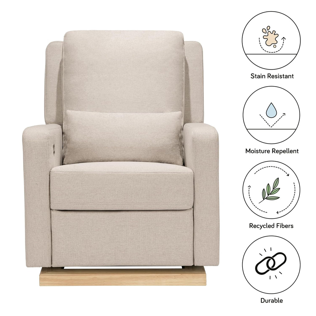 Babyletto Sigi Electronic Power Recliner & Swivel Glider with USB Port in Performance Beach Eco-Weave with Light Wood Base, Water Repellent & Stain Resistant, Greenguard Gold and CertiPUR-US Certified