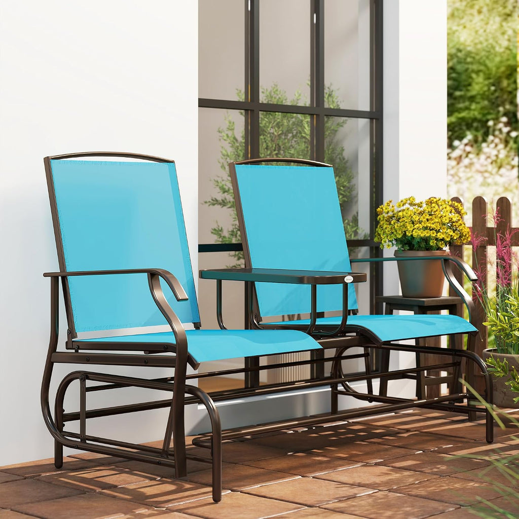 Outsunny Outdoor Glider Bench with Center Table, Metal Frame Patio Loveseat with Breathable Mesh Fabric and Armrests for Backyard Garden Porch, Blue