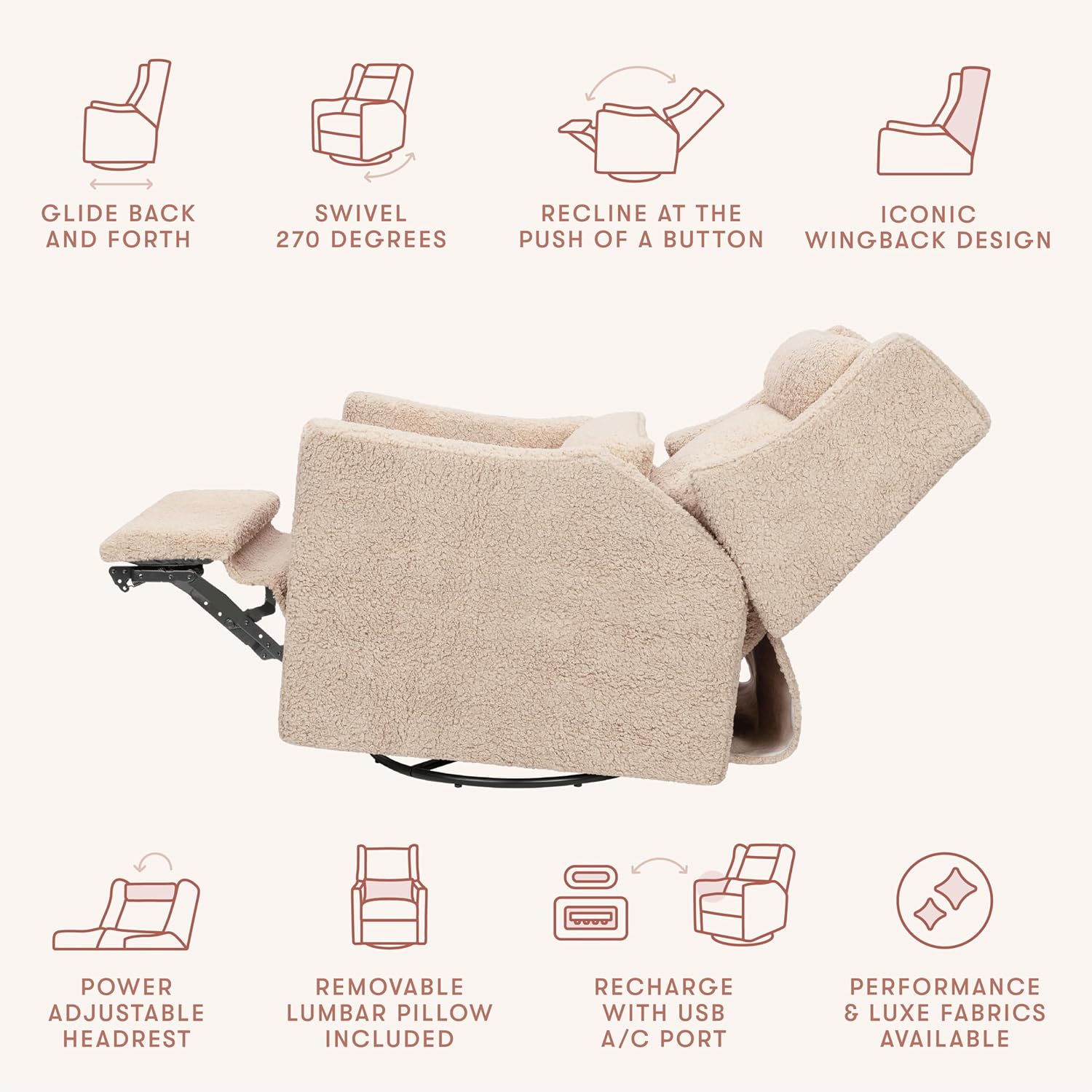 Babyletto Kiwi Plus Power Recliner and Swivel Glider with Power Headrest and USB Port in Chai Shearling, GREENGUARD Gold and CertiPUR-US Certified