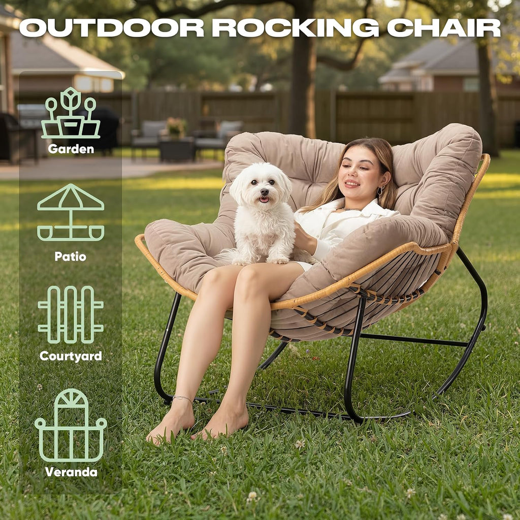 Papasan Chair with Cushion, Oversized Outdoor Rocking Chair, Patio Egg Chair Outdoor, Wicker Modern Cozy Comfy Chair for Bedroom, Living Room, Garden, Balcony, Lawn, Light Brown