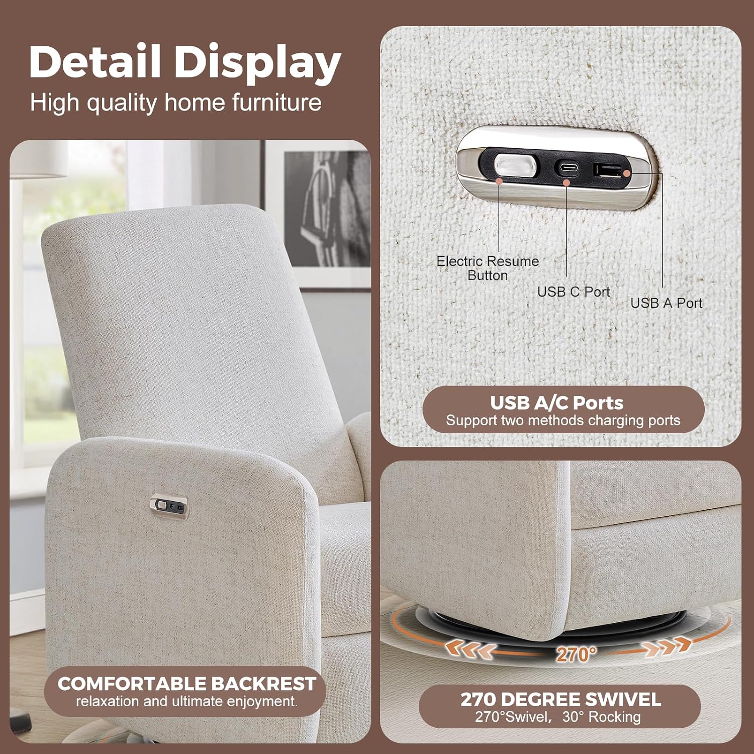 Power Recliner Chair, Swivel Rocker Recliner with USB A/C Charging Ports & Smooth Swivel Motion, Chenille Upholstered Rocking Chair for Nursery,Living Room, Bedroom, 1PC, Cream