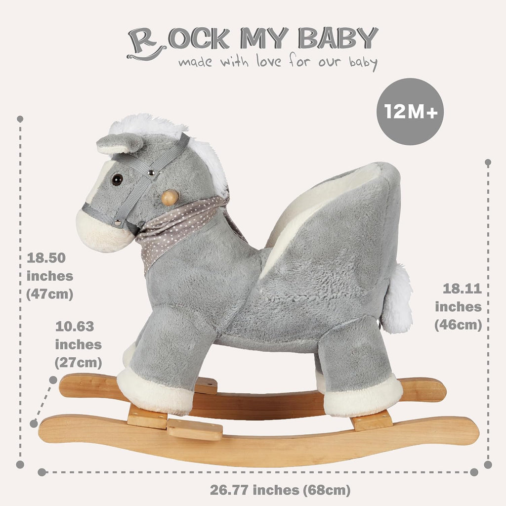 Rock My Baby Rocking Gray Horse with Chair, Plush Stuffed Rocking Pony with Realistic Sound, Baby Rocker Animal for Toddlers 1-3 Ride on,CPC Certified