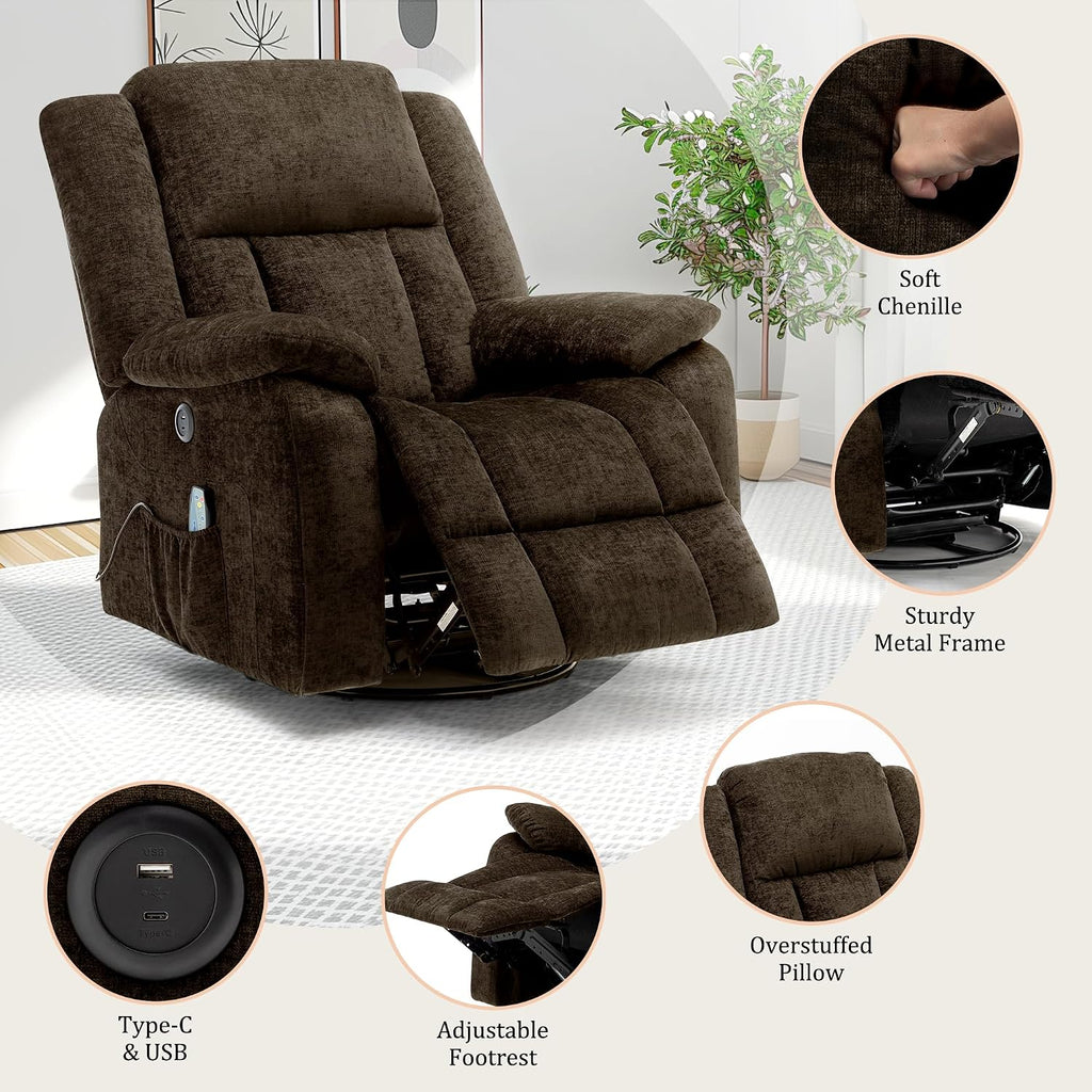 Korser Rocker Recliner Chair, Glider Recliner Chairs for Adults, 360° Swivel Recliner with Massage and Heating, Rocking Recliner Chair with Side Pockets and USB for Living Room, Bedroom, Nursery