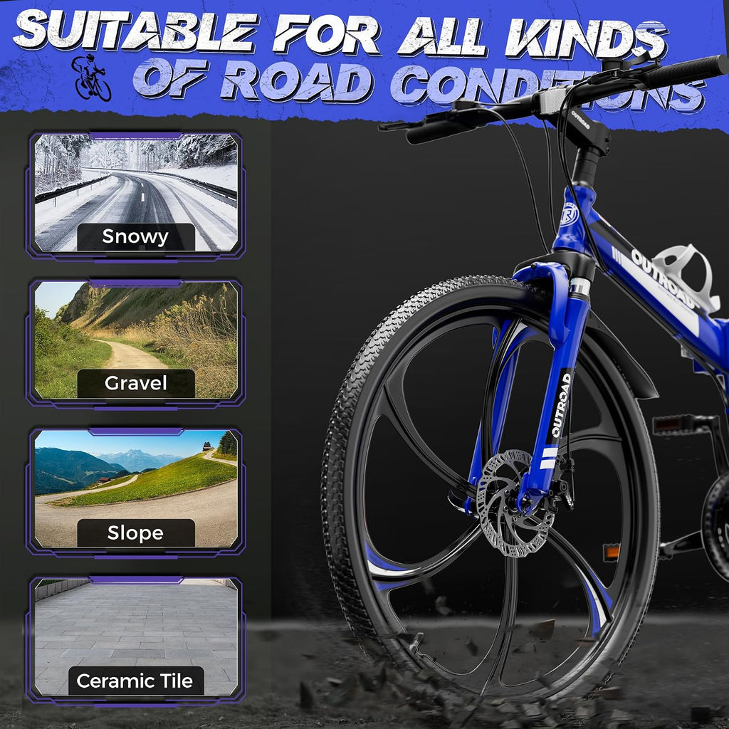 26 Inch Adult Folding Bikes/Mountain Bikes, 21 Speeds Mountain Bicycles with Full Suspension, Dual Disc Brake, High Carbon Steel Frame, Foldable Bike for Men/Women/Teen, Multiple Colors