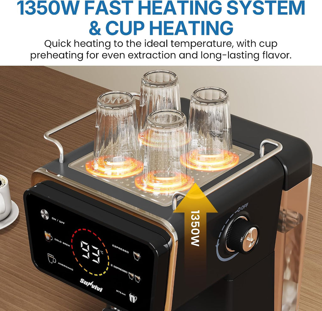20 Bar Espresso and Americano Machine for Home and Office, Iced Coffee Maker with Touchscreen, Milk Frother, Single/Double Shot & Cold Brew, 52OZ Removable Water Tank, Quick Heating System