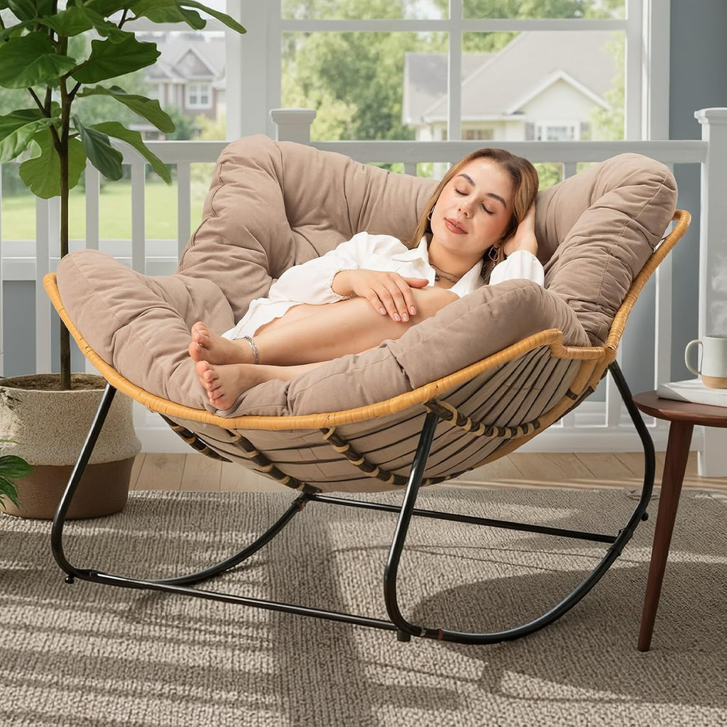 Papasan Chair with Cushion, Oversized Outdoor Rocking Chair, Patio Egg Chair Outdoor, Wicker Modern Cozy Comfy Chair for Bedroom, Living Room, Garden, Balcony, Lawn, Light Brown