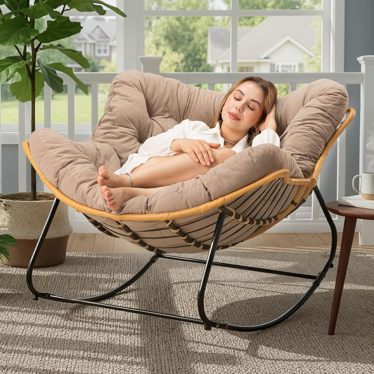 Papasan Chair with Cushion, Oversized Outdoor Rocking Chair, Patio Egg Chair Outdoor, Wicker Modern Cozy Comfy Chair for Bedroom, Living Room, Garden, Balcony, Lawn, Light Brown