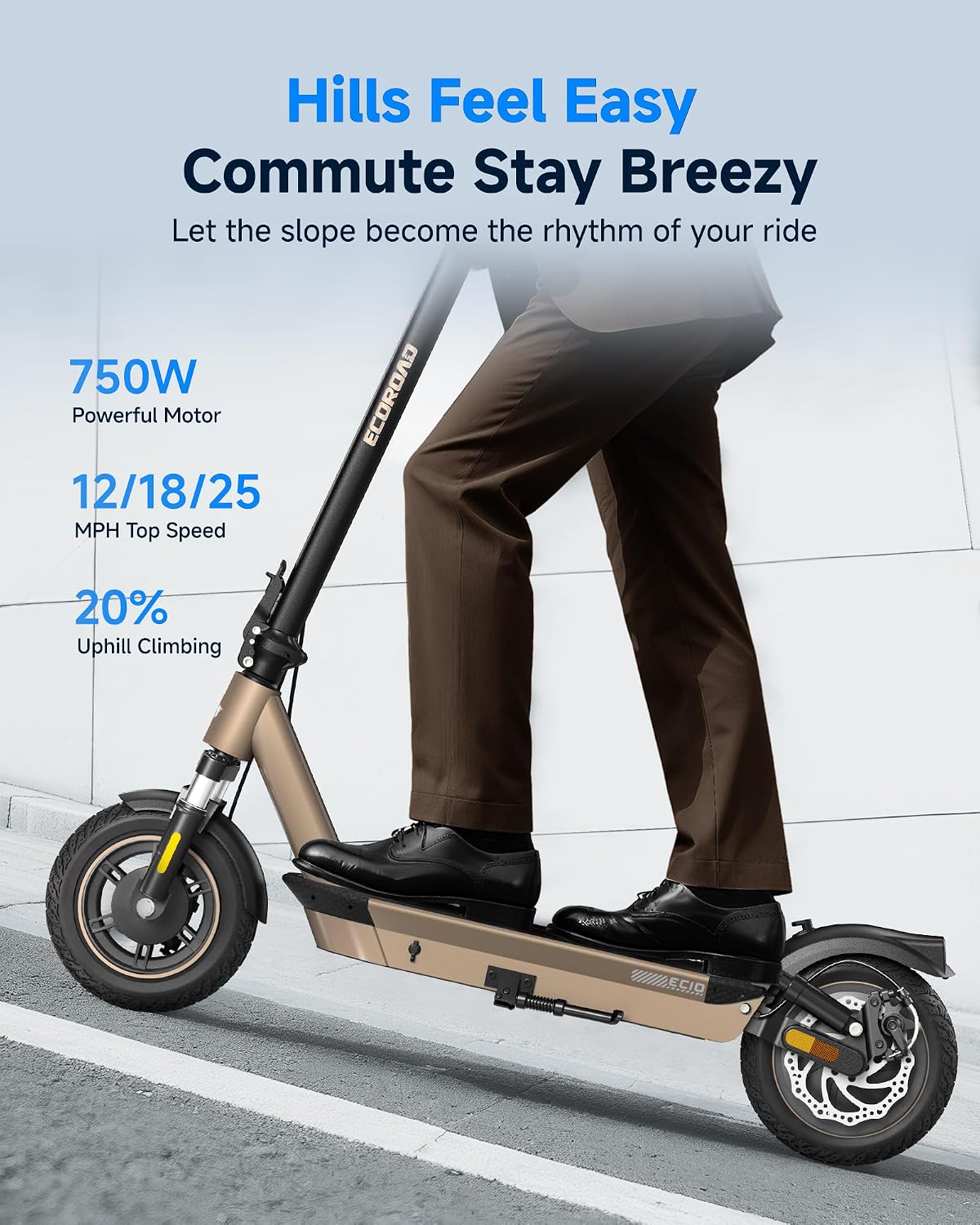 ECOROAD EC10 Electric Scooter for Adults, 750W Motor & 25 MPH & 32 Miles Long Range, 10' Tires with Dual Suspension, Foldable Commuting E Scooter with App Control