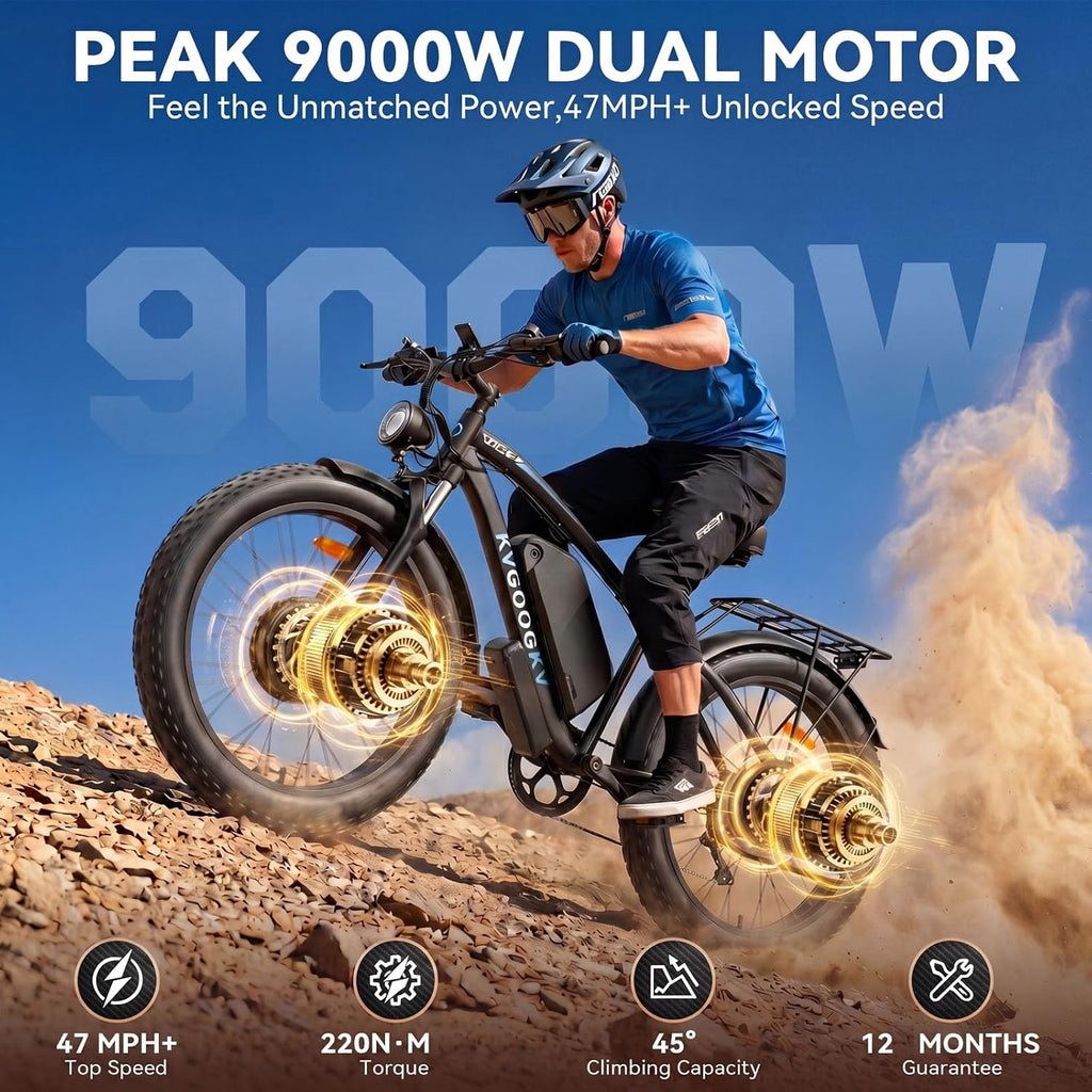 9000W Peak 58V Max-Output Ebike for Adults, Powerful 34Ah Battery Dual Motor Ebike, 47MPH Top Speed Fast E-Bike, Up to 105 Miles 24'x4.0 Fat Tires Electric Mountain Bicycle for Sand Beach Snow