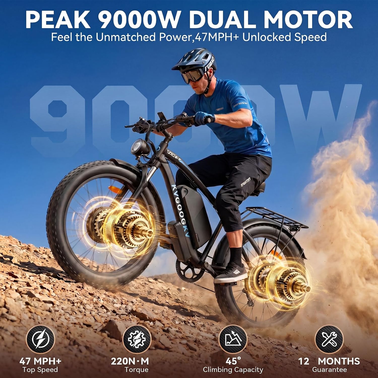 9000W Peak 58V Max-Output Ebike for Adults, Powerful 34Ah Battery Dual Motor Ebike, 47MPH Top Speed Fast E-Bike, Up to 105 Miles 24'x4.0 Fat Tires Electric Mountain Bicycle for Sand Beach Snow