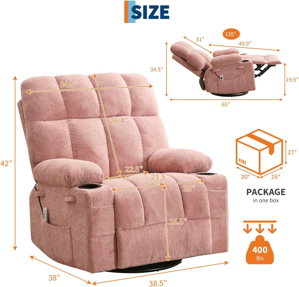 IDEALHOUSE Rocking Recliner Chair with Heat, 38.5' Oversized Swivel Rocker Recliner with Massage, Side Pockets & Cup Holders, Reclining Sofa for Living Room, Bedroom (Pink, Linen)