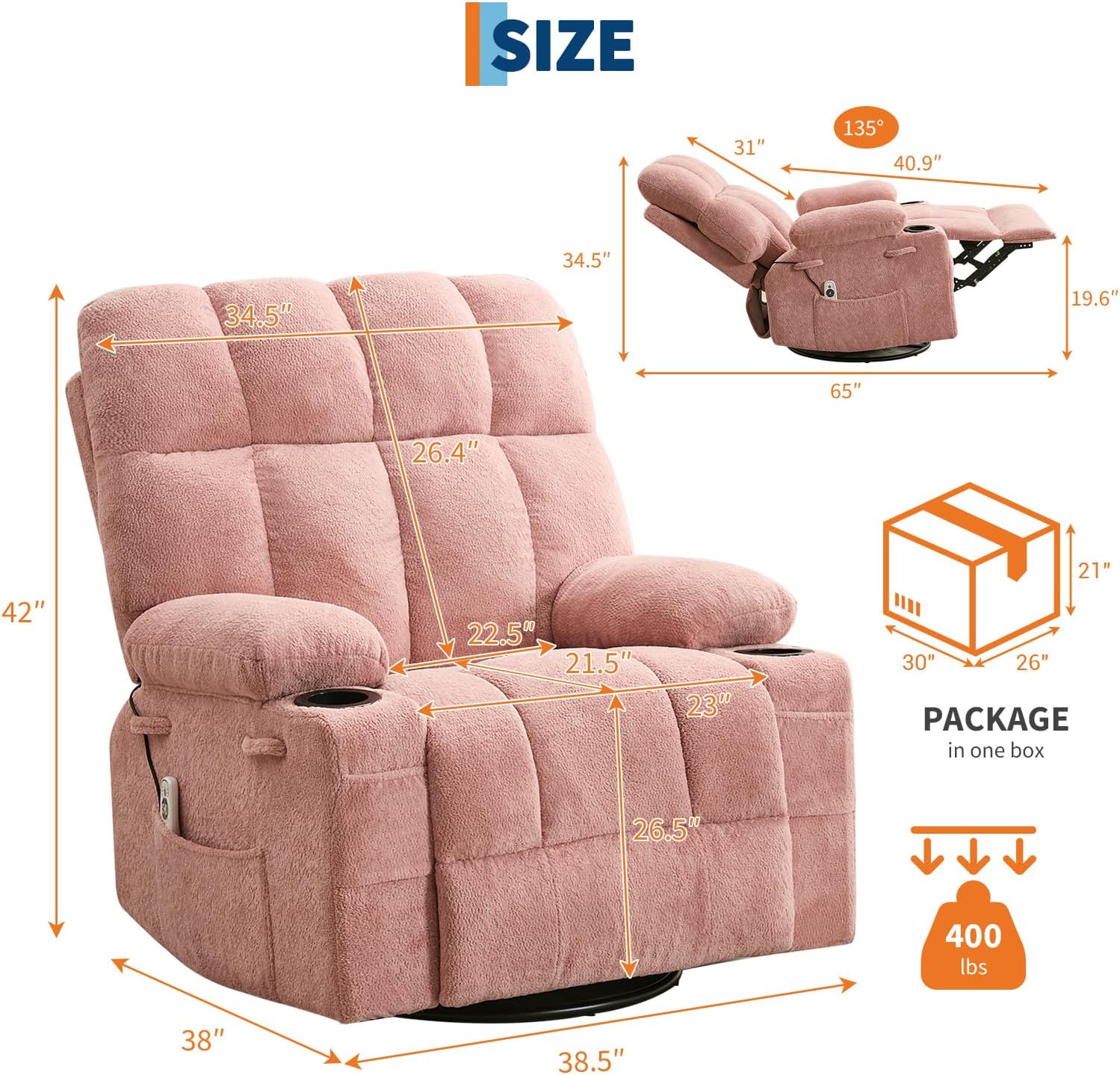 IDEALHOUSE Rocking Recliner Chair with Heat, 38.5' Oversized Swivel Rocker Recliner with Massage, Side Pockets & Cup Holders, Reclining Sofa for Living Room, Bedroom (Pink, Linen)