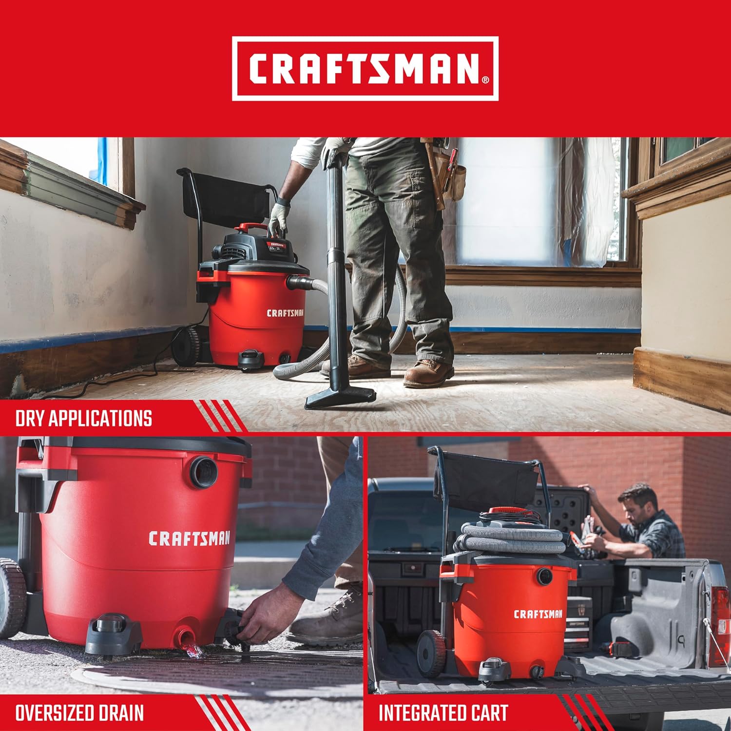CRAFTSMAN CMXEVBE17656 20 Gallon 6.5 Peak HP Wet Dry Vac with Cart, Heavy-Duty Shop Vacuum Wet and Dry with Fine Dust Filter, Dust Bag, Hose and Attachments for Shop, Garage, Jobsite Cleaning