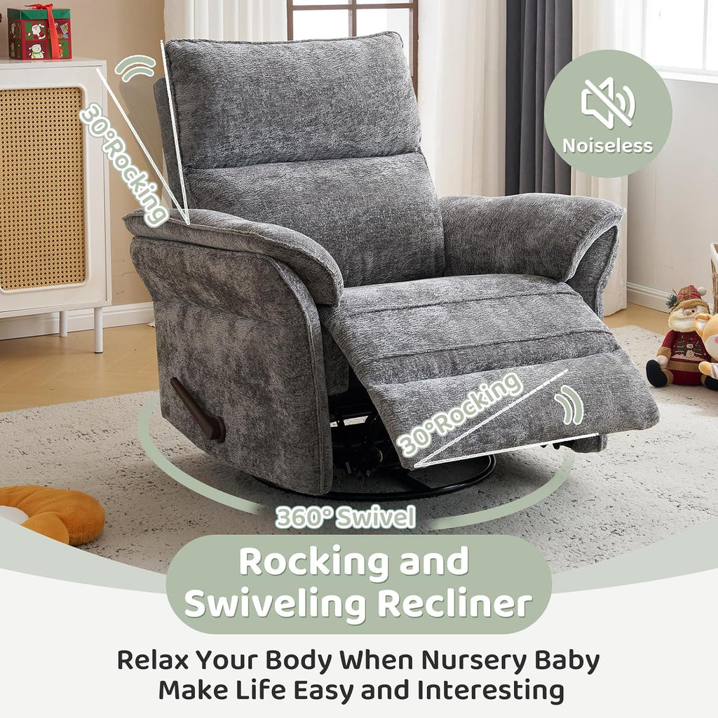 Oversized Swivel Rocker Recliner with Adjustable Headrest, Rocking Chair Nursery with Overstuffed Armrest, Manual Rocker Recliner Nursery Chair for Living Room, Dark Grey