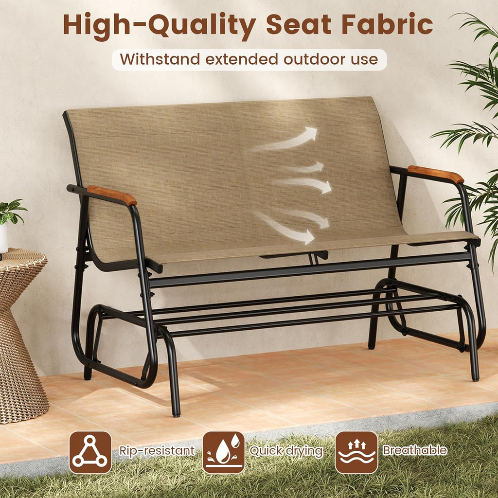 Giantex Patio Glider Bench, 2-Person Swing Gliding Loveseat with Curved Teak Armrests, Fabric Seat, Metal Frame, Load 660lbs, Outdoor Rocking Chair for Porch, Yard, Poolside (29'x45'x33')