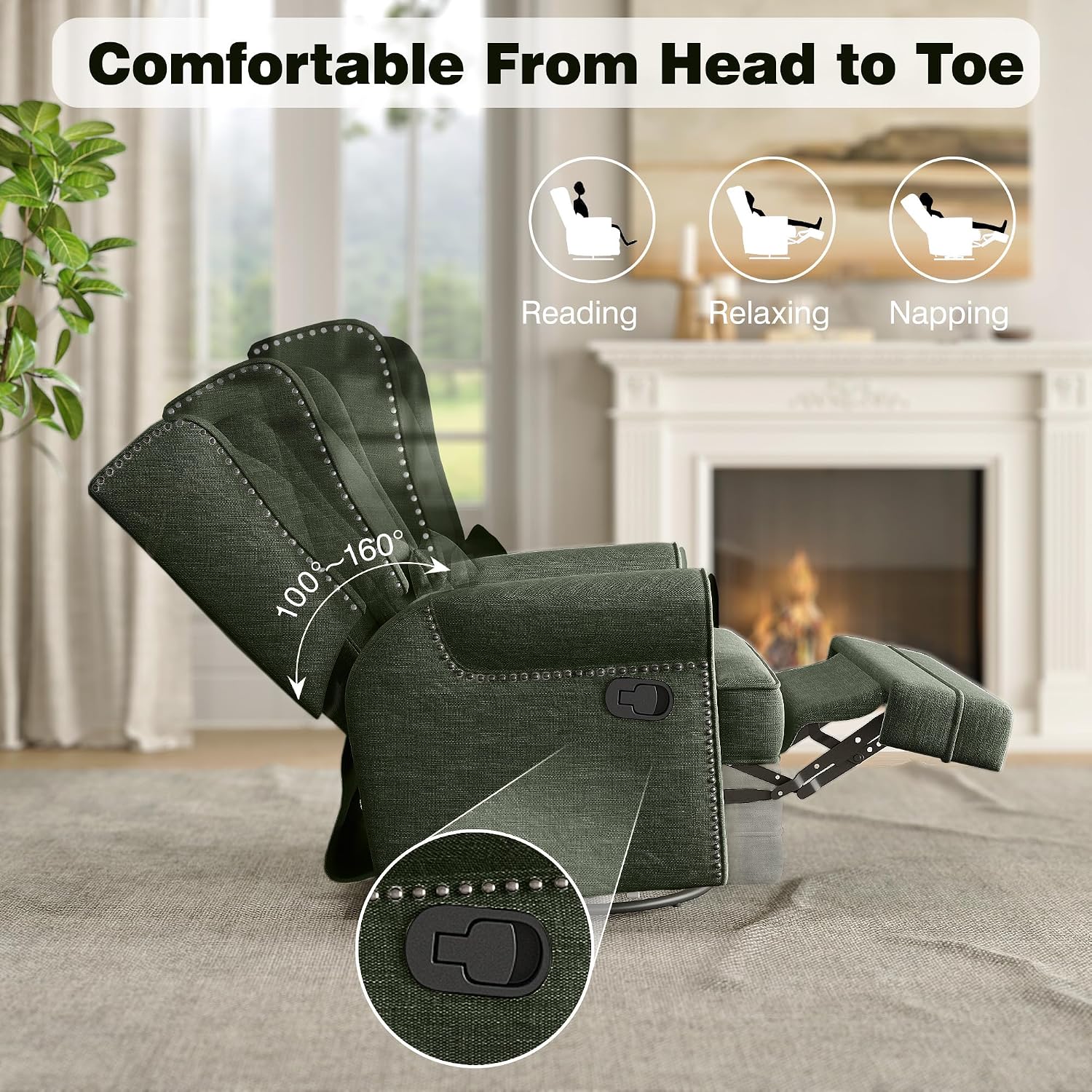 RoyalCraft Swivel Recliner Chair, Comfy Glider Rocking Chairs with Lumbar Pillow and Footrest, Upholstered Swivel Rocking Chair for Bedroom, Dark Green