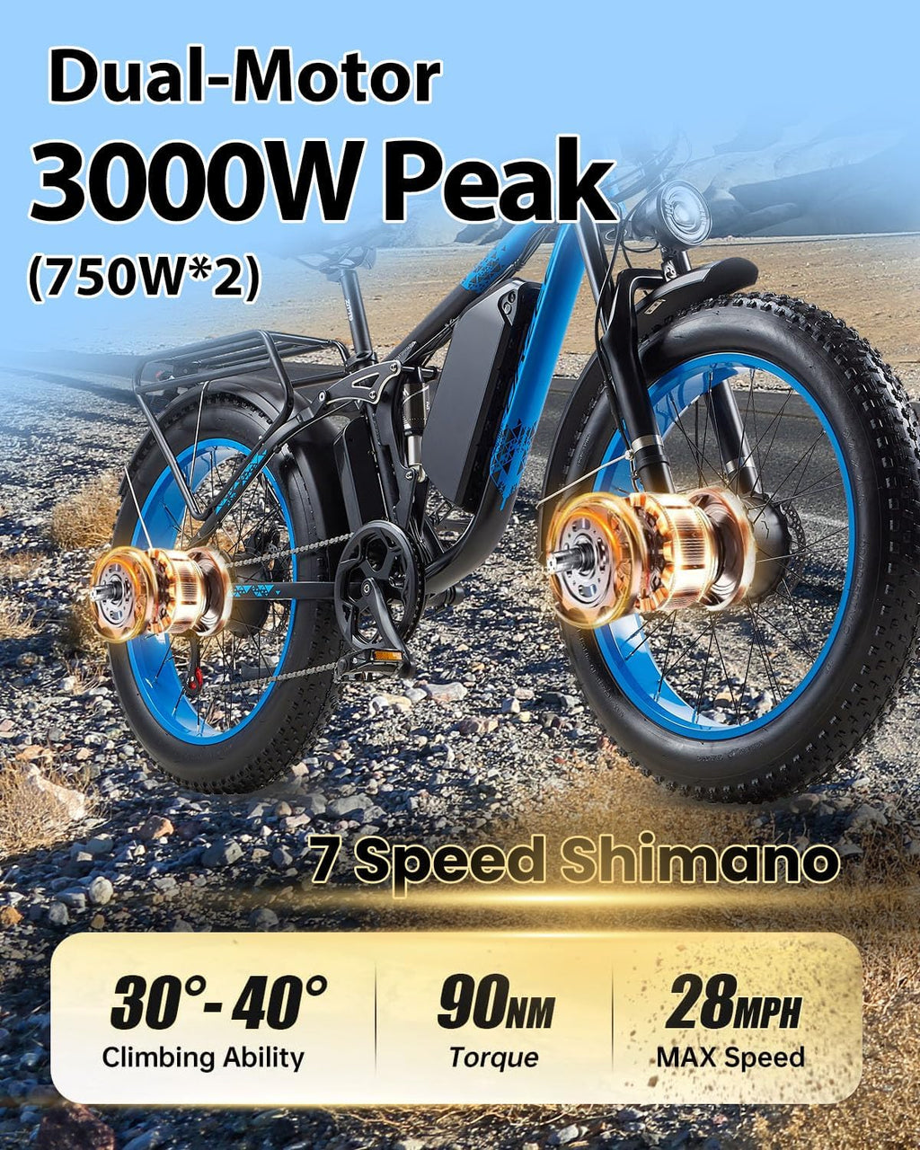 Peak 3000W Dual Motor Ebike for Adults, 48V 25AH Long Range Electric Mountain Bike, 30-34MPH Step-Thru Unlocked Electric Bike, 24'Fat Tires & Full Suspension,Conquer Mountains, Snow, Sand & Roads,Blue