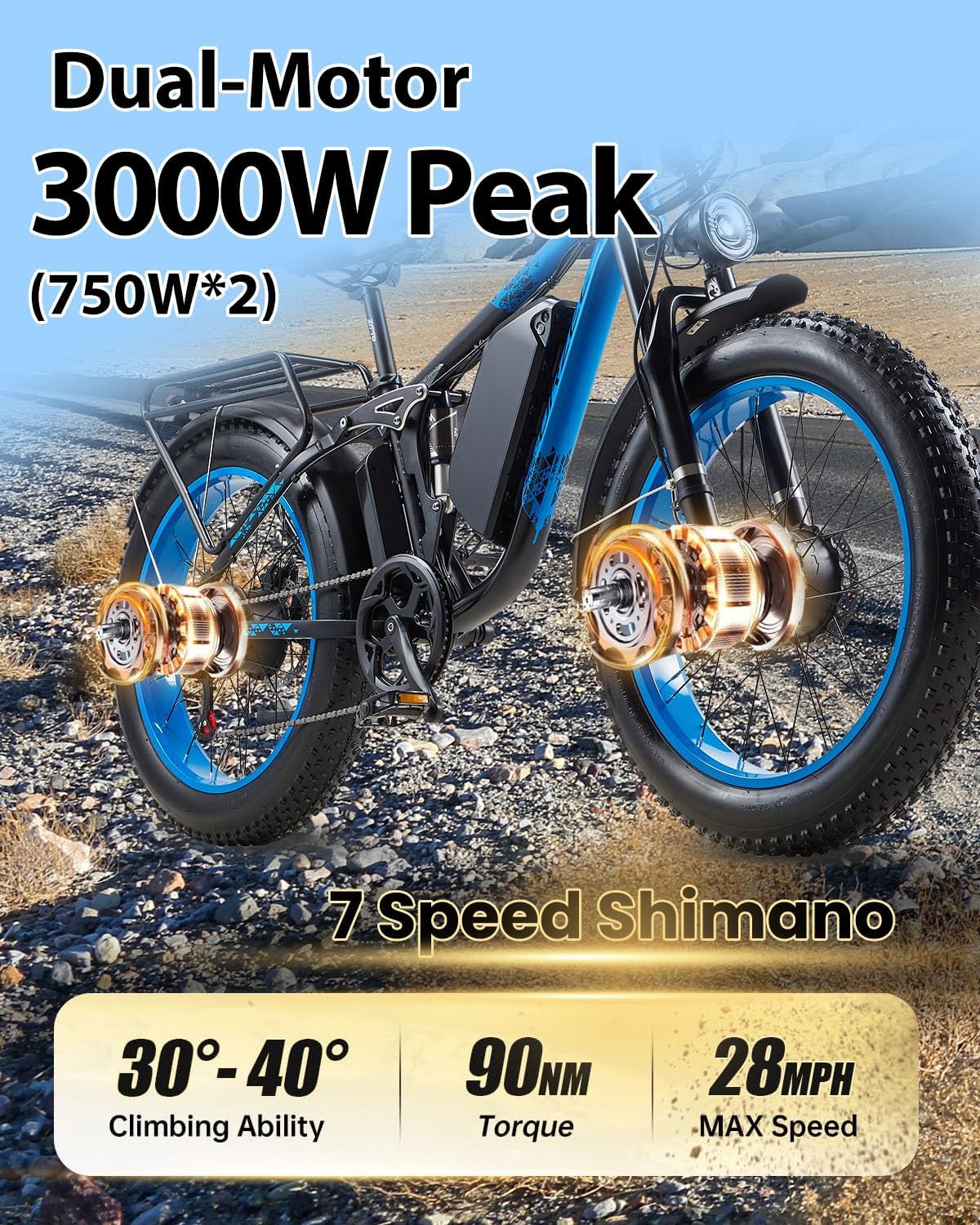 Peak 3000W Dual Motor Ebike for Adults, 48V 25AH Long Range Electric Mountain Bike, 30-34MPH Step-Thru Unlocked Electric Bike, 24'Fat Tires & Full Suspension,Conquer Mountains, Snow, Sand & Roads,Blue