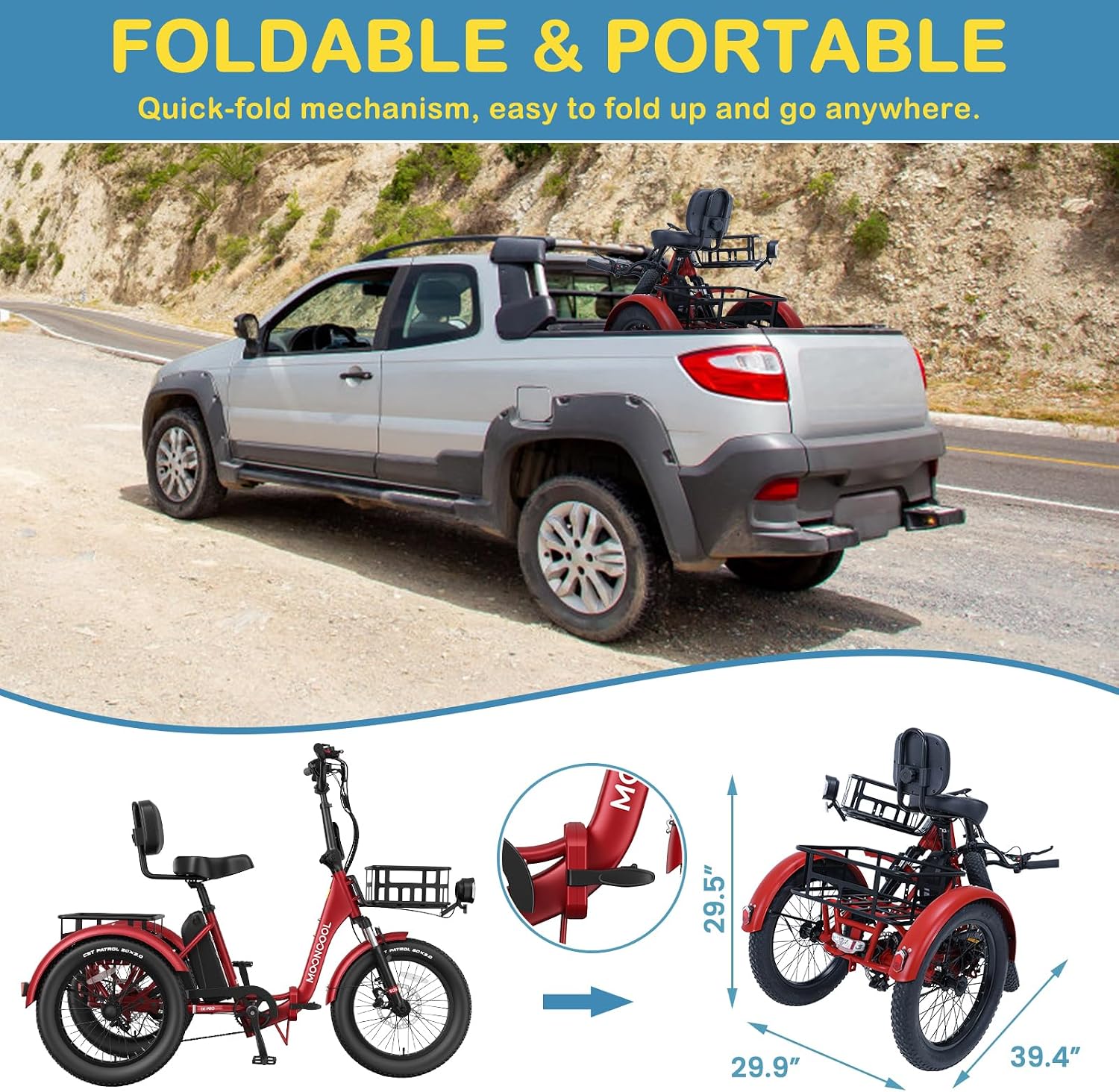 NAIZEA Electric Bike for Adults - 750W(Peak 1100W), 48V 20AH Removable Battery,25MPH Ebike, 20' x 3.0 Fat Tire Electric Bike,3 Wheels Electric Bicycle Bikes with Basket for Women Men, 6-Speed