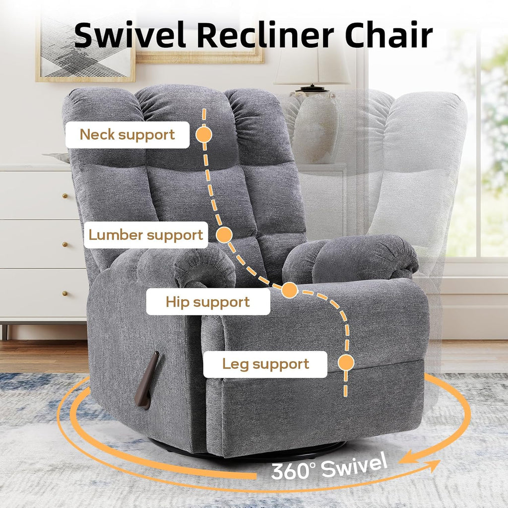 CANMOV Swivel Rocker Recliner for Adults,Glider Rocking Reclining Chair for Nursery,Manual Recliner Chair with Overstuffed Back and Arms for Living Room Bedroom Nursery,Grey
