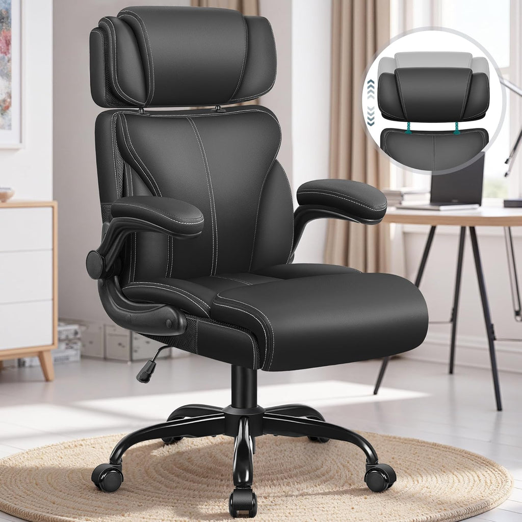 Office Chair, Ergonomic Big and Tall Computer Desk Chair with Retractable Adjustable Headrest, Executive Breathable Leather Chair, Lumbar Support Swivel PC Chair with Flip-up Armrests Rocking Function