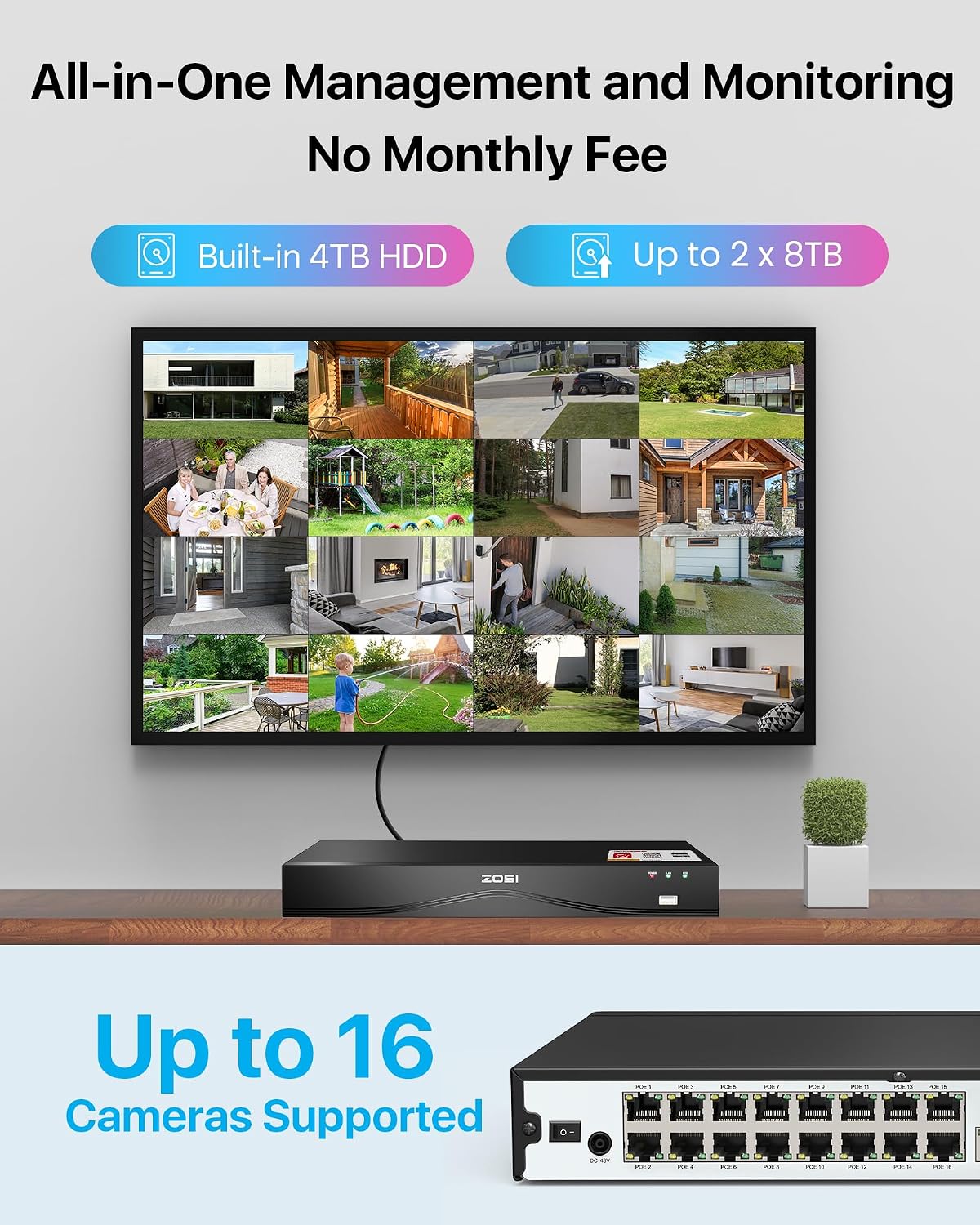 ZOSI 32CH 4K PoE Security Camera System, 16x 8MP Outdoor Wired Cameras, AI Human/Vehicle Detection, 2 Way Audio, Color Night Vision, 16 Port 32 Channel NVR with 4TB HDD for Business 24/7 Recording