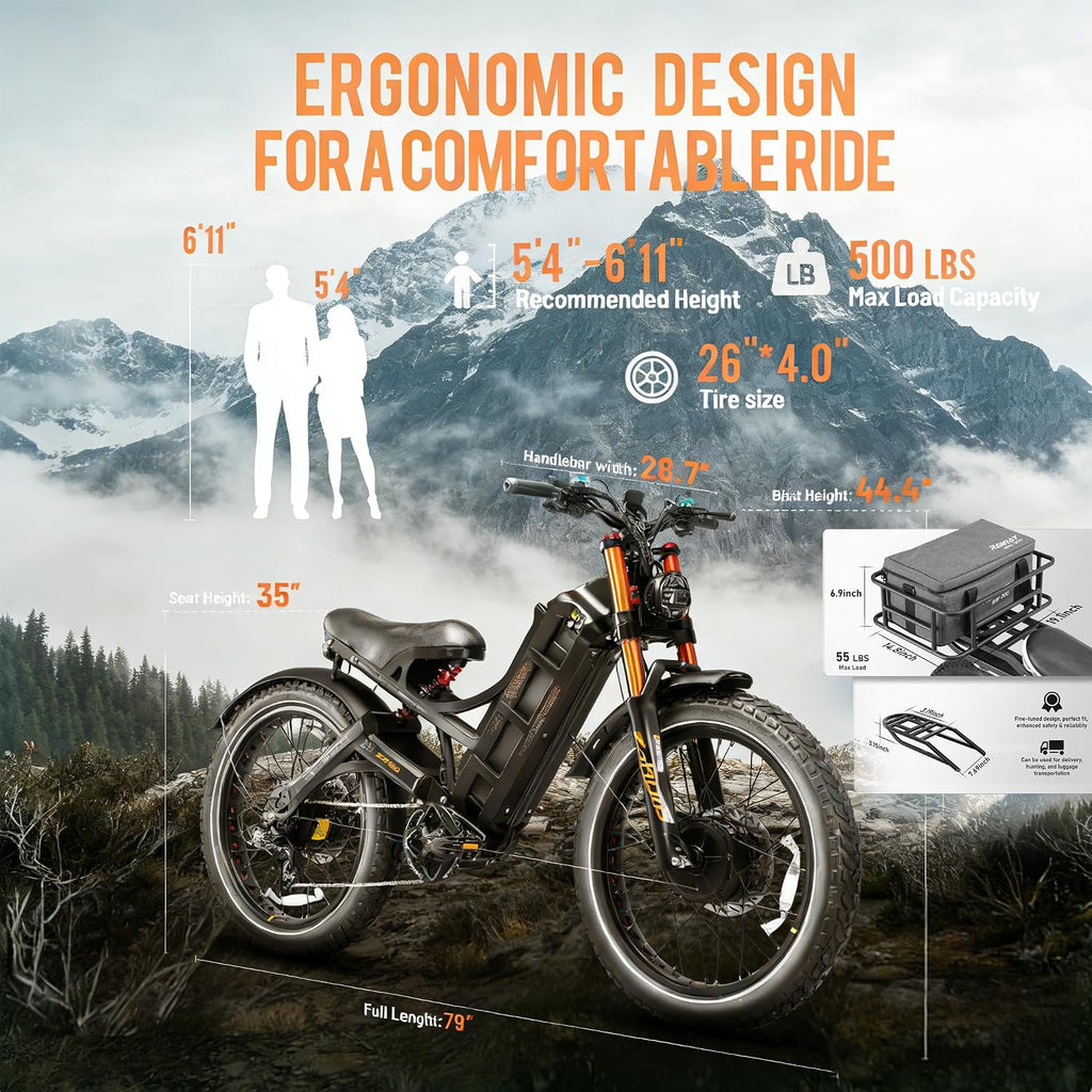 eAhora Romeo Pro 2 ebike-[2026 Latest] 46 MPH 4000W Dual Motor Ebike,52v 70Ah 200 Miles Long Range Electric Bike for Adults，26' Fat Tire Full Suspension Mountain Bike,Off-Road Fastest Electric Bike