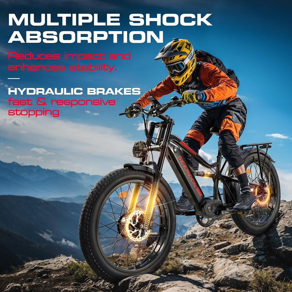 Seemoon Electric Bike for Adults, 52V 20Ah 26' Fat Tire Fast Ebike, up to 100 Miles, Hydraulic Brakes, Off-Road Mountain Hunting AWD Ebike for Men (Black)