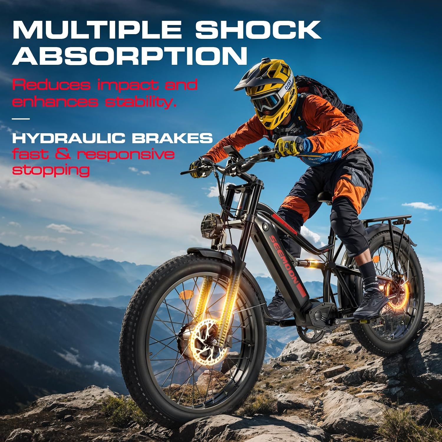 Seemoon Electric Bike for Adults, 52V 20Ah 26' Fat Tire Fast Ebike, up to 100 Miles, Hydraulic Brakes, Off-Road Mountain Hunting AWD Ebike for Men (Black)