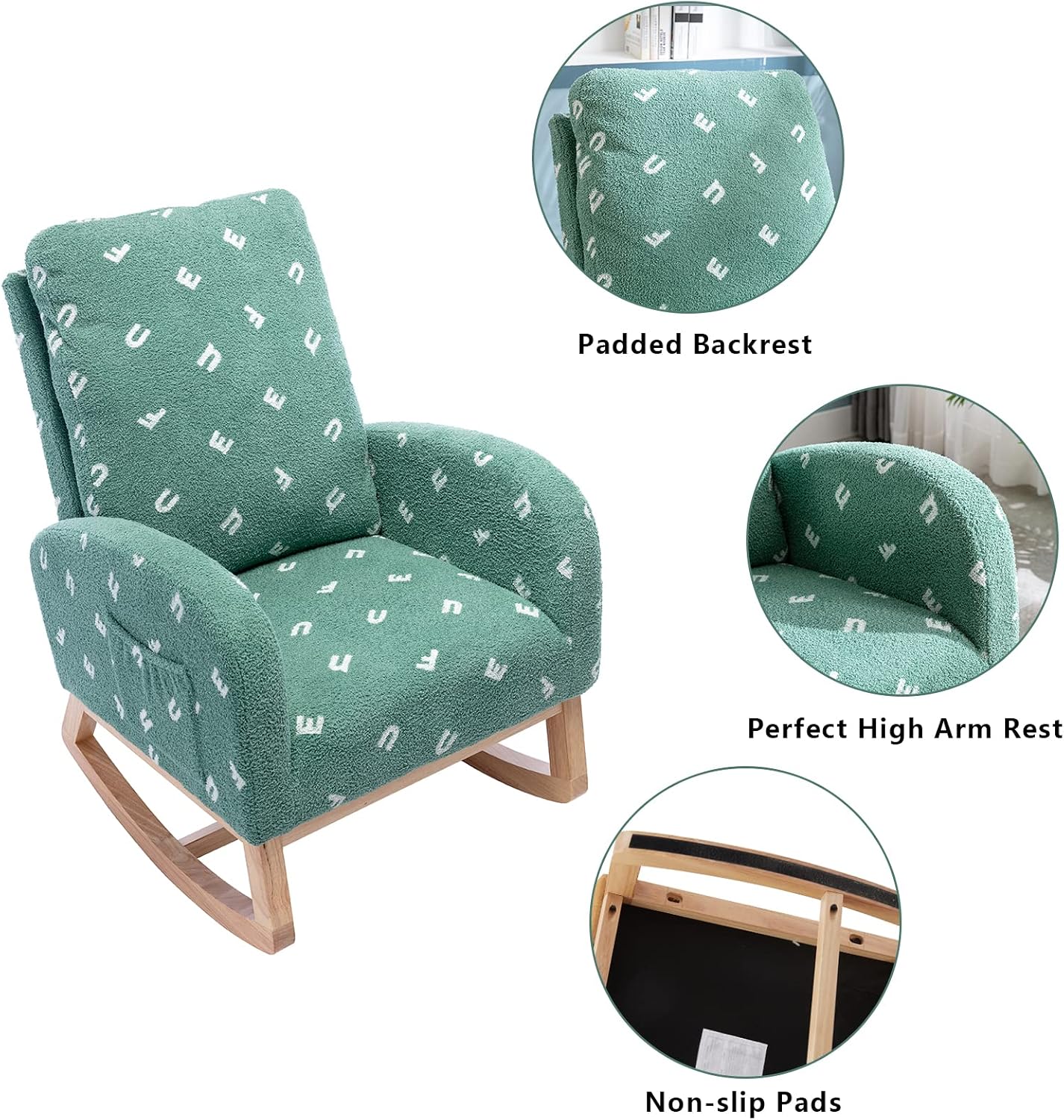 Setawix Teddy Rocking Chair for Nursery, Midcentury Modern Accent Rocker Armchair with Side Pocket, Upholstered High Back Wooden Rocking Chair for Living Room Baby Room Bedroom (Green Alphabet)