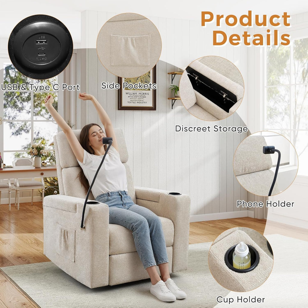 Power Swivel Glider Rocking Chair Nursery, Skin-Friendly Premium Chenille Electric Glider Rocker Recliner Chair with Armrest Storage, USB A&C Ports, Cup Holder, Phone Holder, Chenille Beige