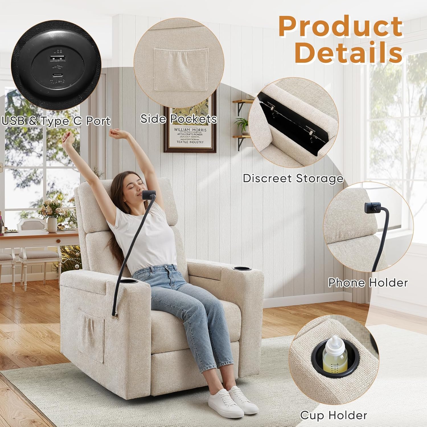 Power Swivel Glider Rocking Chair Nursery, Skin-Friendly Premium Chenille Electric Glider Rocker Recliner Chair with Armrest Storage, USB A&C Ports, Cup Holder, Phone Holder, Chenille Beige