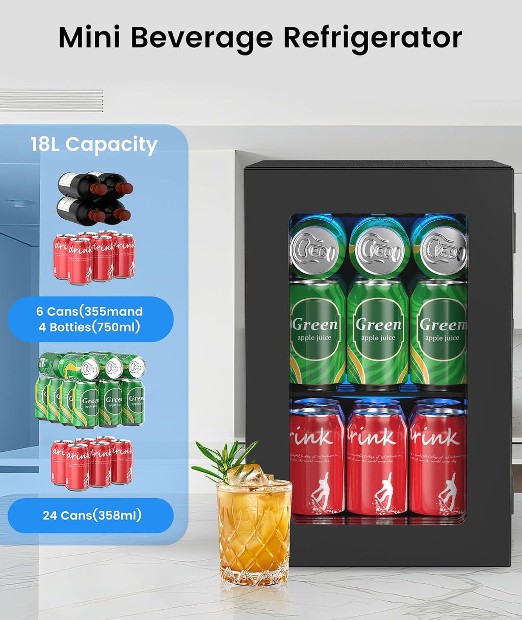 Kismile 18L Beverage Refrigerator Cooler, 24Can Mini Fridge with Glass Door, Quiet Compressor, Countertop Small Fridge with 40-61℉ Digital Electronic Temperature Control, LED Lgiht for Home and Bar