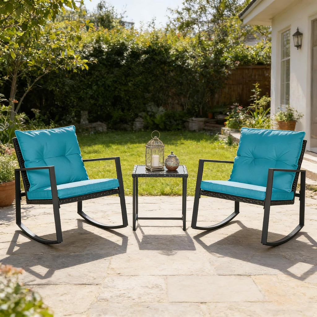 SUNCROWN 3 Piece Outdoor Rocking Bistro Set Black Wicker Furniture Porch Chairs Conversation Sets with Glass Coffee Table, Light Blue