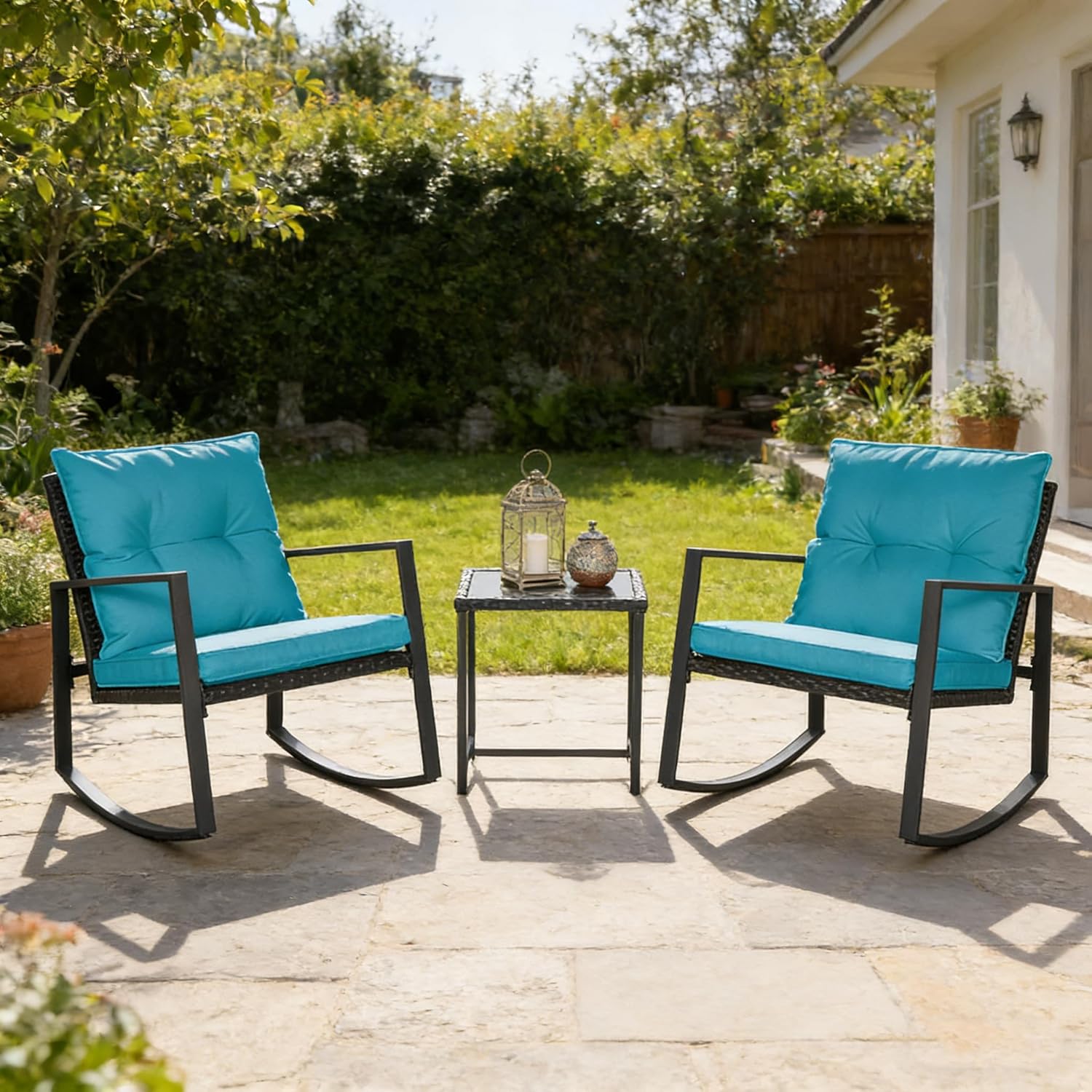 SUNCROWN 3 Piece Outdoor Rocking Bistro Set Black Wicker Furniture Porch Chairs Conversation Sets with Glass Coffee Table, Light Blue