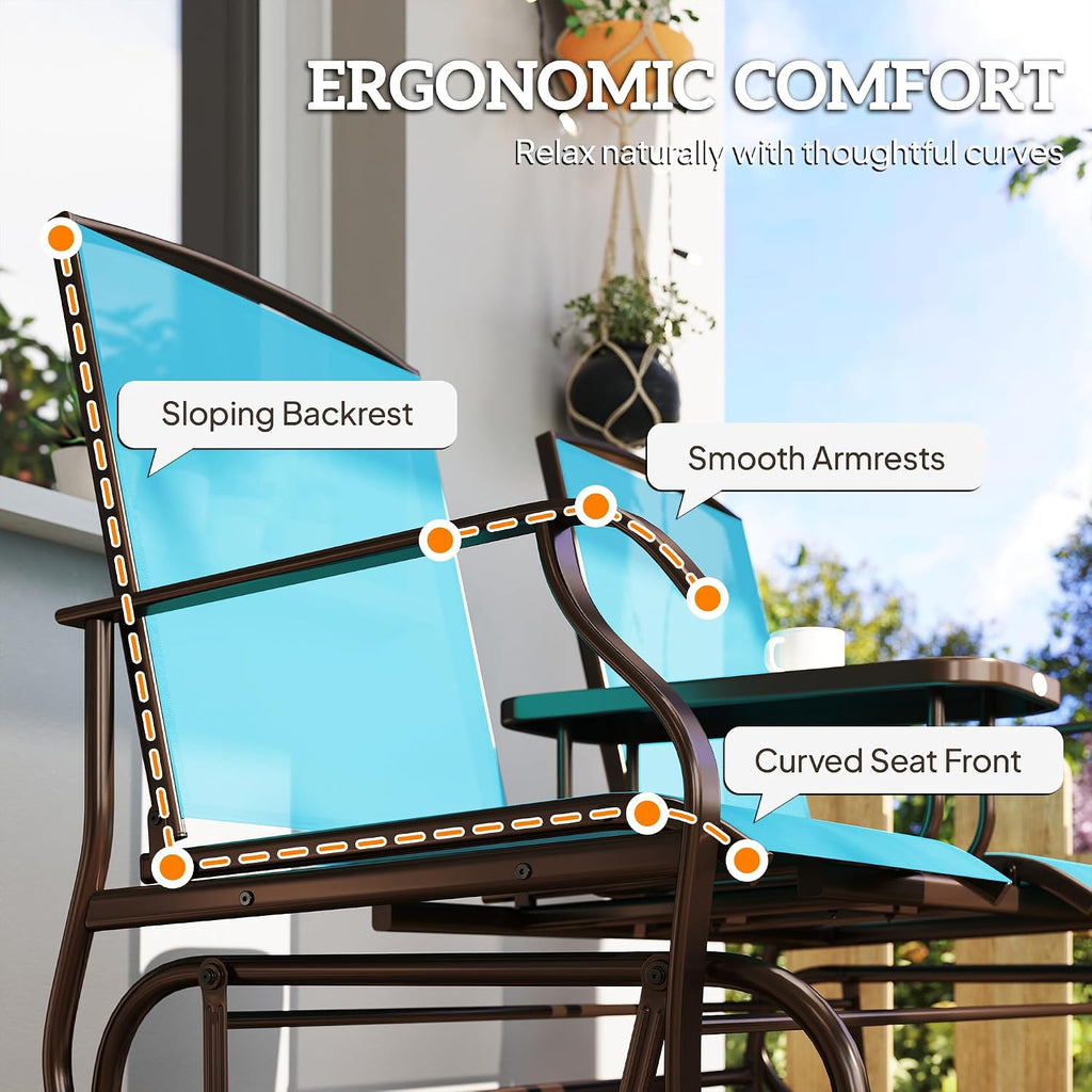 Outsunny Outdoor Glider Bench with Center Table, Metal Frame Patio Loveseat with Breathable Mesh Fabric and Armrests for Backyard Garden Porch, Blue