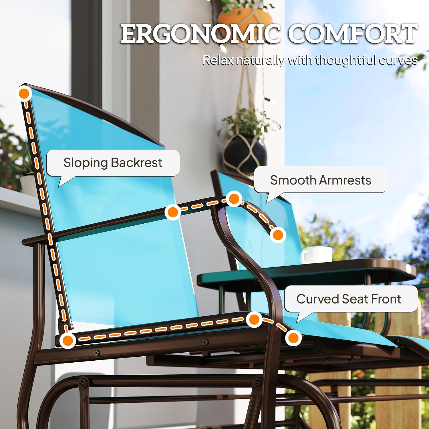 Outsunny Outdoor Glider Bench with Center Table, Metal Frame Patio Loveseat with Breathable Mesh Fabric and Armrests for Backyard Garden Porch, Blue