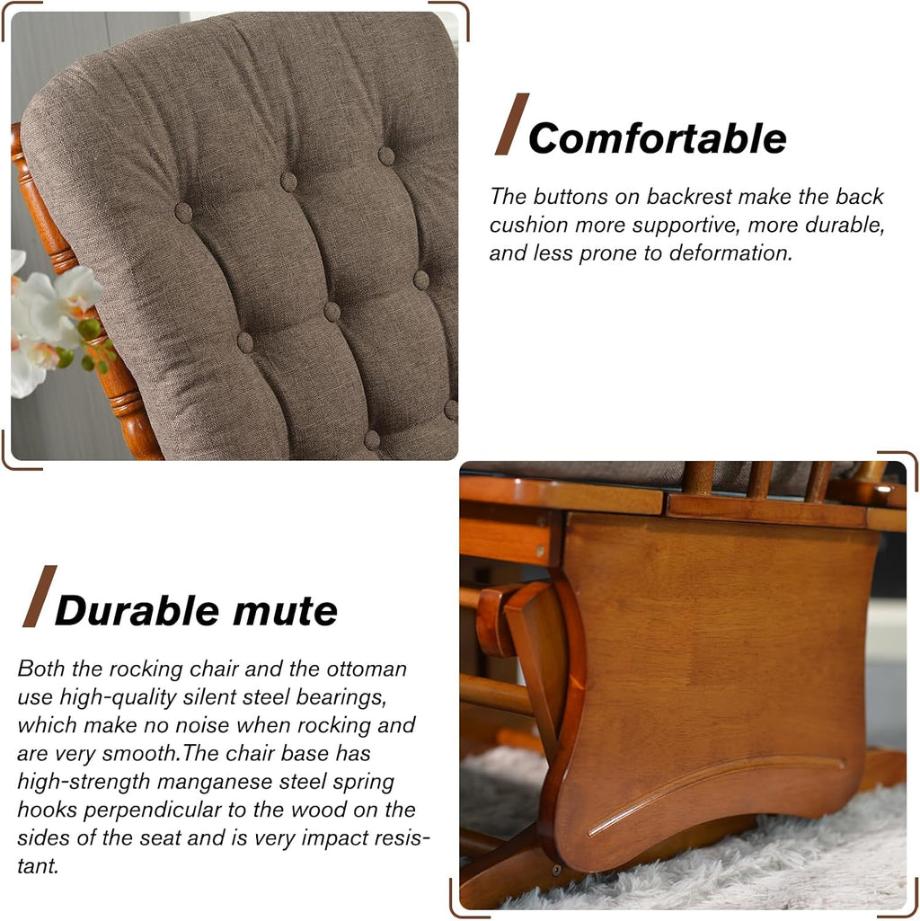 Anti-Pinch Solid Wood Hand Glider Rocking Chair Set with Ottoman, Padded Cushion, Rustic Rubber Wood Nursery Glider for Nursing, Relaxing, Living Room, Bedroom, Oak Colored