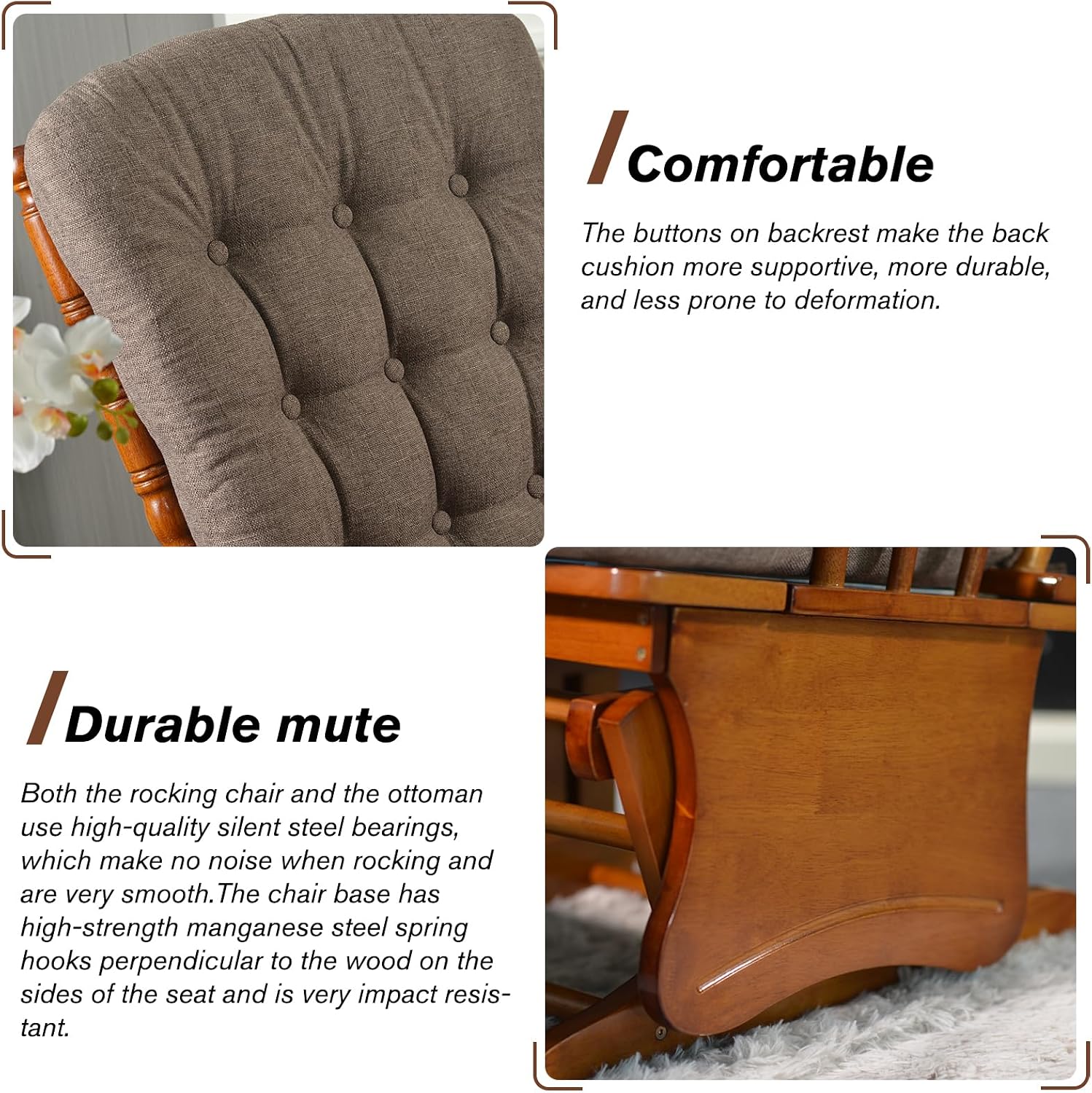 Anti-Pinch Solid Wood Hand Glider Rocking Chair Set with Ottoman, Padded Cushion, Rustic Rubber Wood Nursery Glider for Nursing, Relaxing, Living Room, Bedroom, Oak Colored