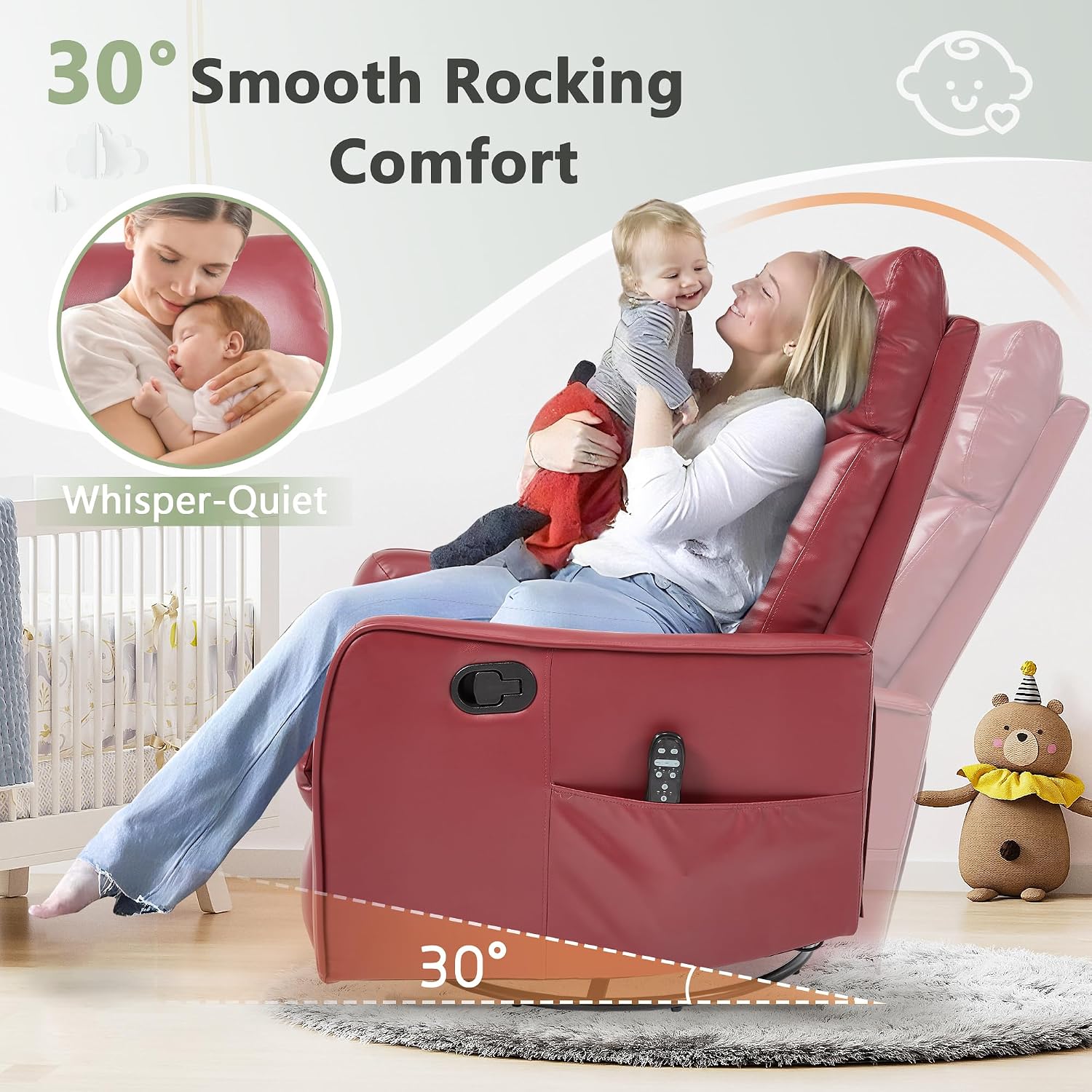 cinkehome Heated Massage Swivel Rocker Recliner Chair for Nursery - Small Space Reclining Chair with Lumbar Support, 360° Swivel & Gentle Rocking, Ergonomic High Back Faux Leather Red
