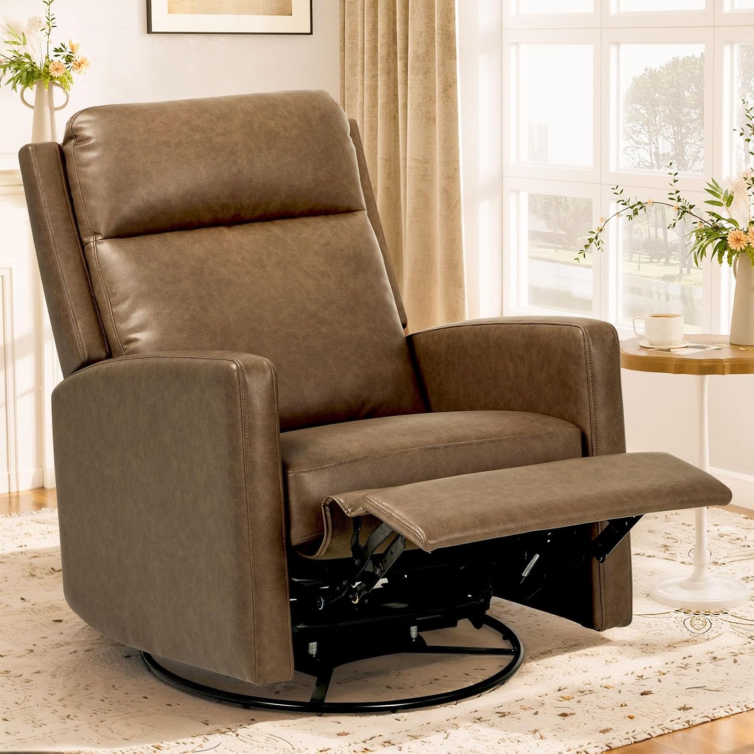 COLAMY Leather Recliner Chair for Adults, Swivel Rocker Recliner for Small Spaces, Wide Glider Rocking Nursery Chair with Ergonomic High Backrest, for Home Living Room, Office, Bedroom（ Brown）