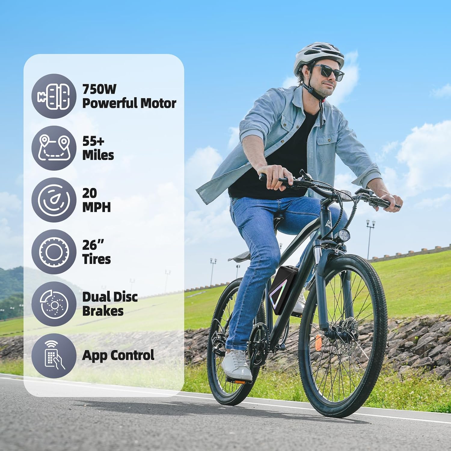 Electric Bike, 1500W/1000W/750W Peak Motor, 80/70/55 Miles Range & 20MPH Speed, 26'' Tires, APP Control E Bike, Shock Absorber, Adjustable Seat, Commuting Electric Bike for Adults