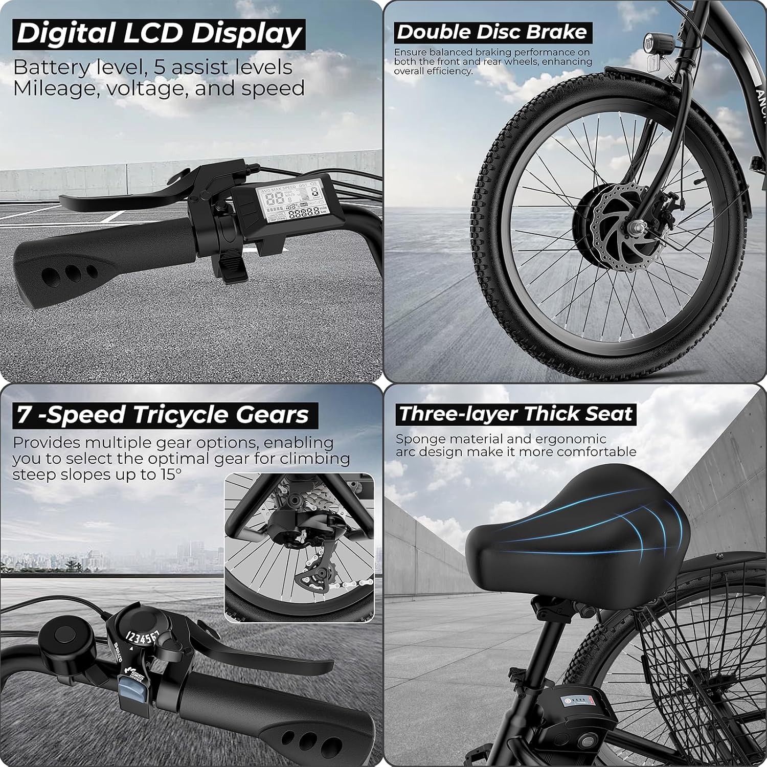 ANCHEER Electric Tricycle for Adults, 350W(Peak 550W) Etrike, 48V/499Wh Ebike, 24' Folding 3 Wheel Electric Trike, 15.5MPH & 55Miles Electric Bike, Rear Differential, Rear Basket