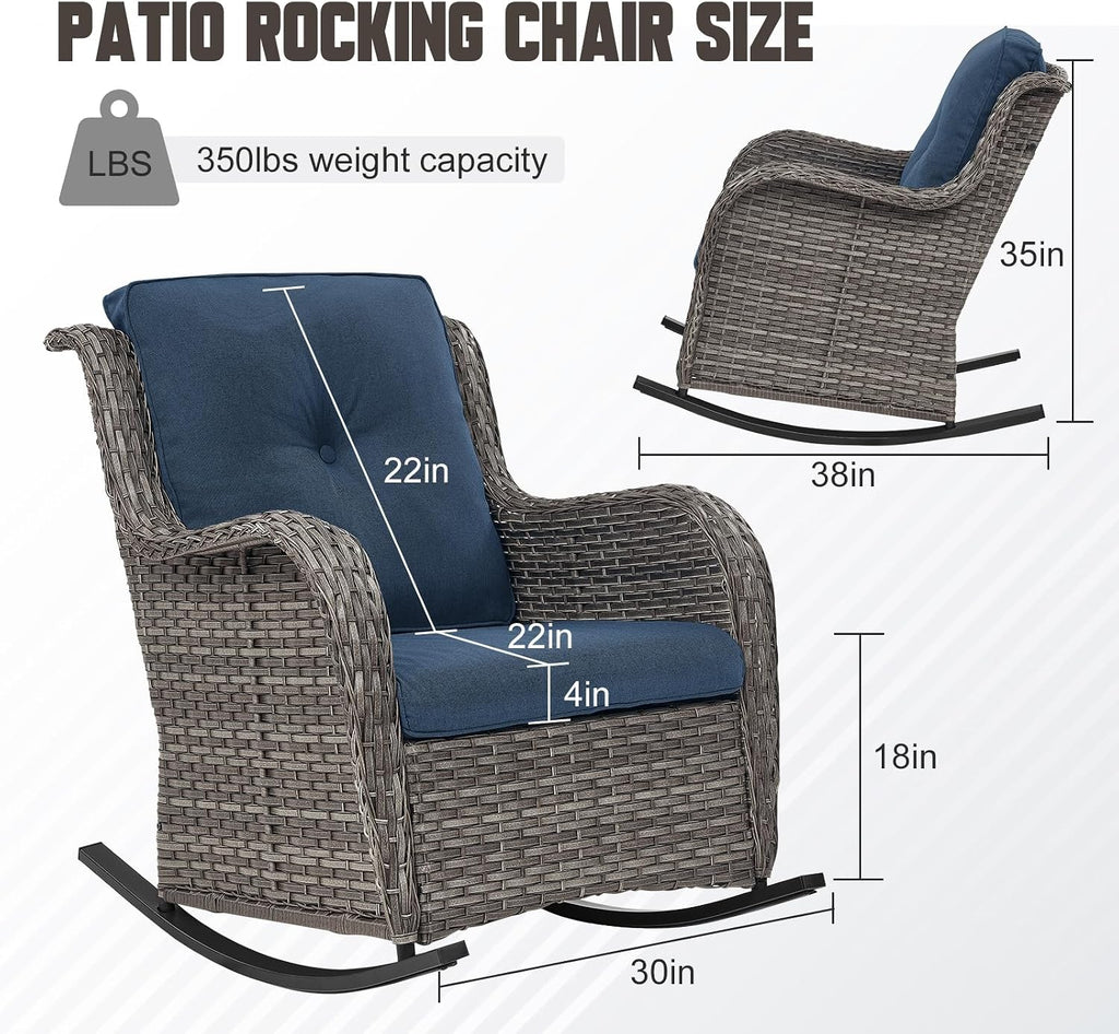 Patio Rocking Chairs Set of 2, Outdoor Gliders Patio Rockers, Wicker Outdoor Rocking Chairs for Porch, Deck, Yard, Sunroom, Garden, Grey Wicker/Blue Cushions