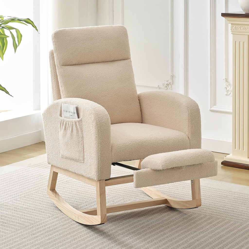 Teddy Fabric Nursery Rocking Chair with Adjustable Footrest, Two Side Pockets & Solid Wooden Legs - High Backrest Comfortable Lounge Armchair for Nursery, Living Room, Bedroom（Beige）