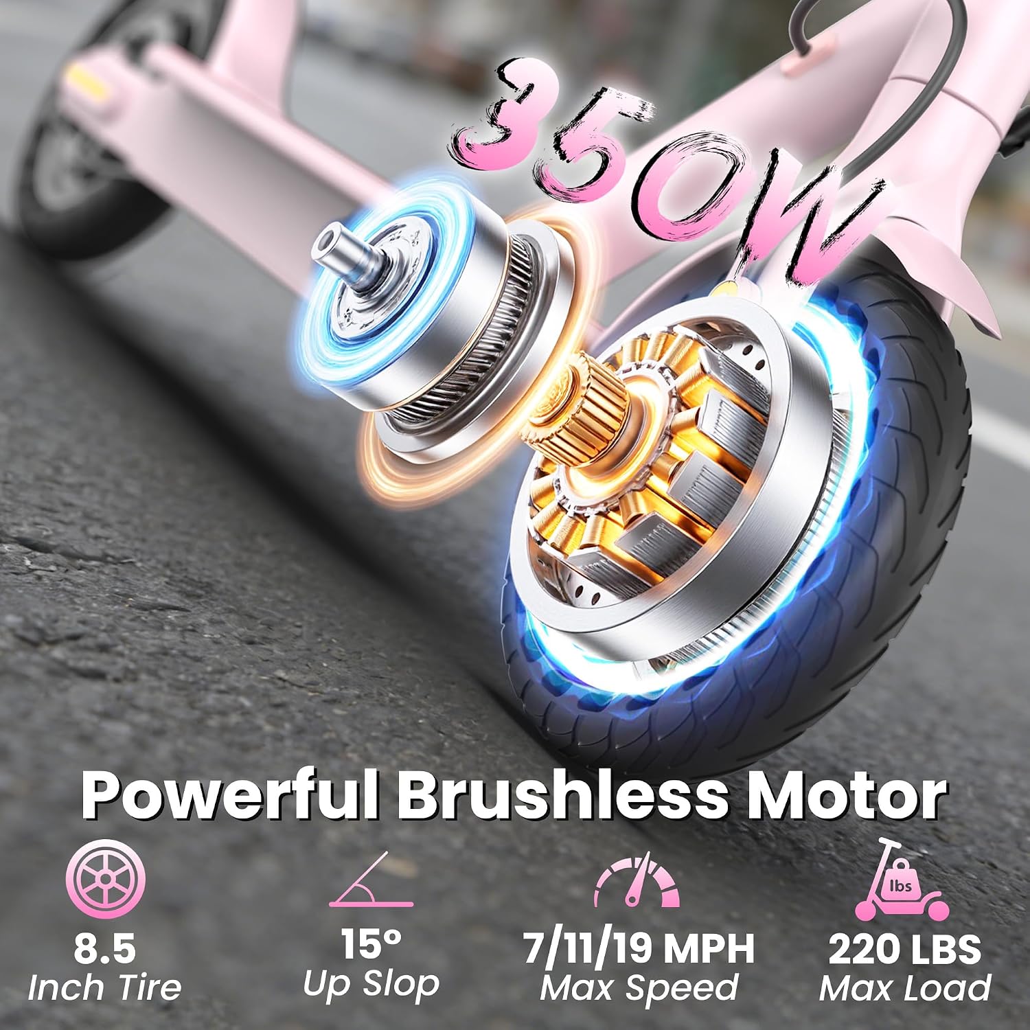 Electric Scooter, 350W Motor, 19 Mph Speed & 15 Miles Range, 8.5' Solid Tires, Lightweight Foldable Scooter with Dual Braking System, Max Load 265LBS